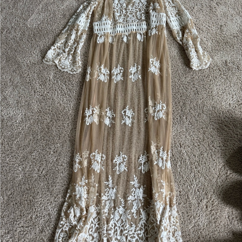Elegant Tan and White Lace Swim Coverup